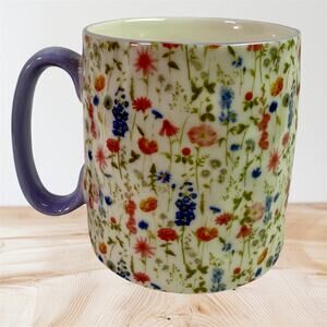 10SS Artisan Collection White Floral Purple Handle Ceramic Coffee Mug Cup